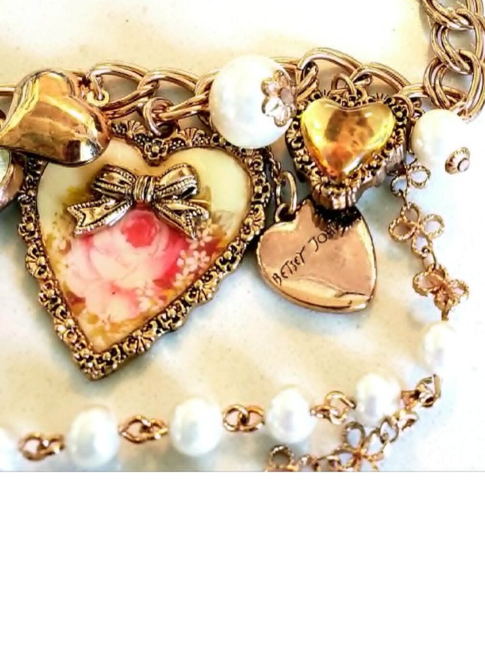 Vintage Betsey Johnson Necklace Y2K Victorian Pink Rose Cherub Pearl Think Of Me - Picture 8 of 10